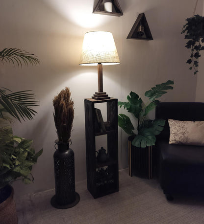 Sing Wooden Floor Lamp with Shelves, Brown Base and Jute Fabric Lampshade