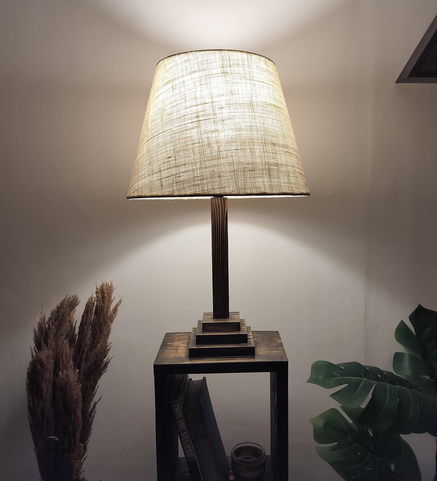 Sing Wooden Floor Lamp with Shelves, Brown Base and Jute Fabric Lampshade