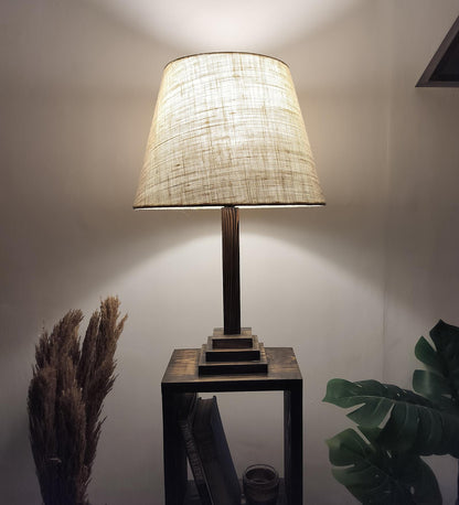 Sing Wooden Floor Lamp with Shelves, Brown Base and Jute Fabric Lampshade