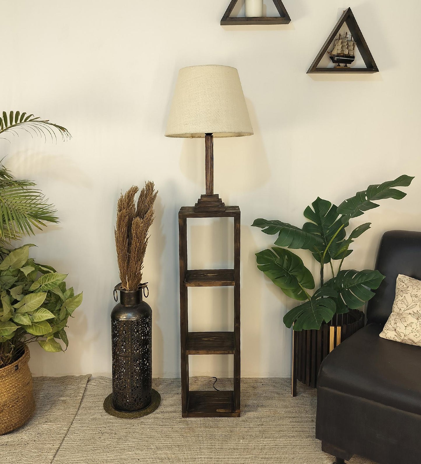 Sing Wooden Floor Lamp with Shelves, Brown Base and Jute Fabric Lampshade