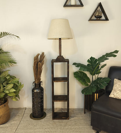 Sing Wooden Floor Lamp with Shelves, Brown Base and Jute Fabric Lampshade