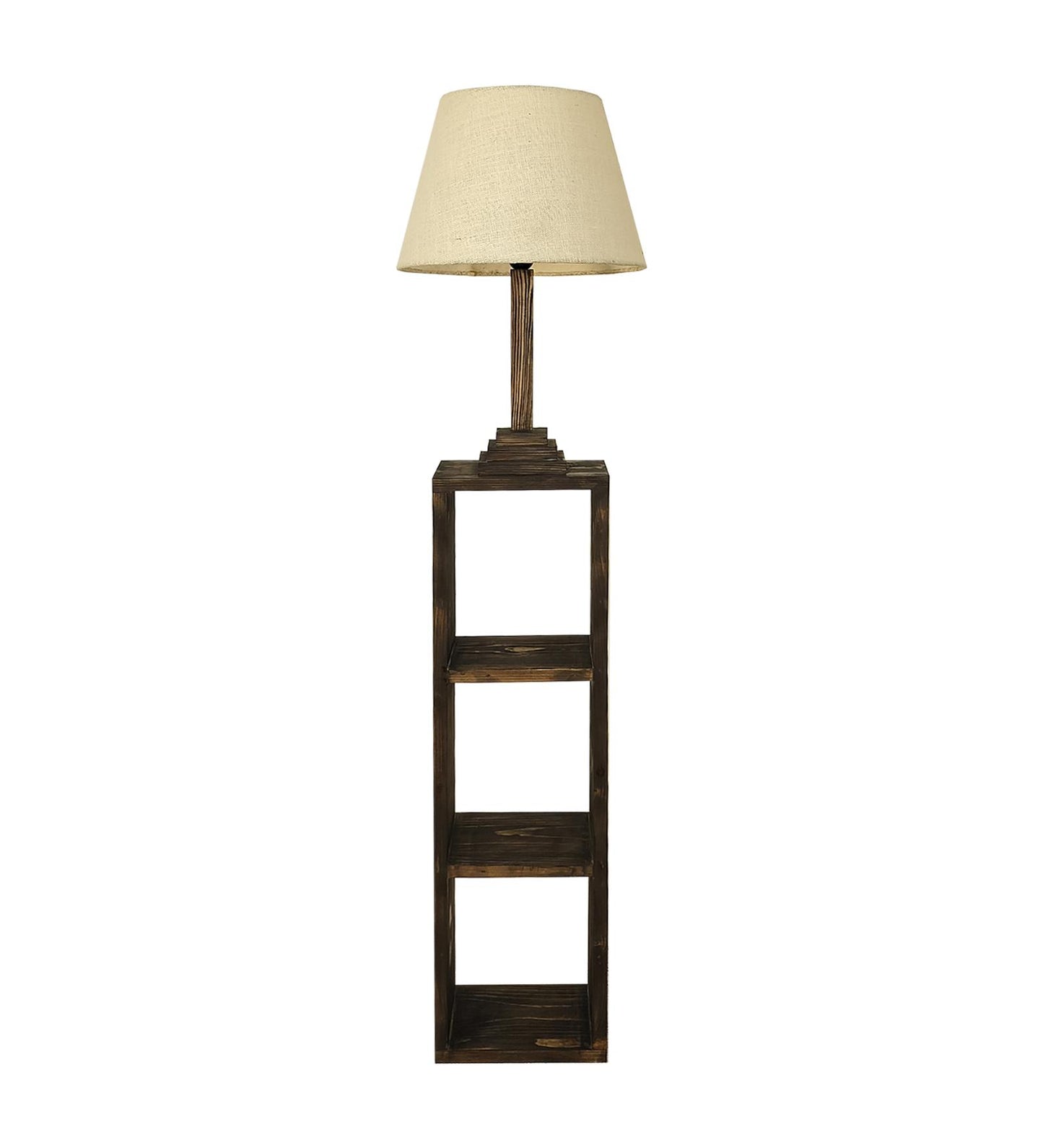 Sing Wooden Floor Lamp with Shelves, Brown Base and Jute Fabric Lampshade