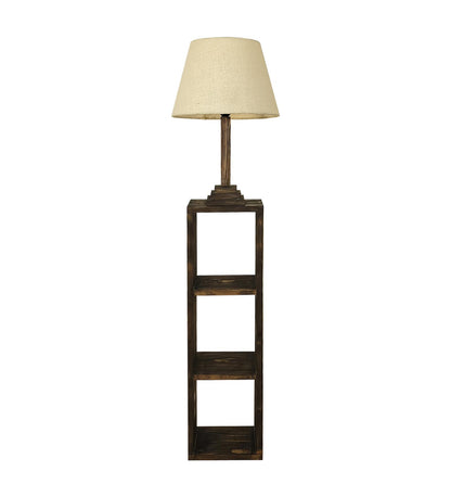 Sing Wooden Floor Lamp with Shelves, Brown Base and Jute Fabric Lampshade