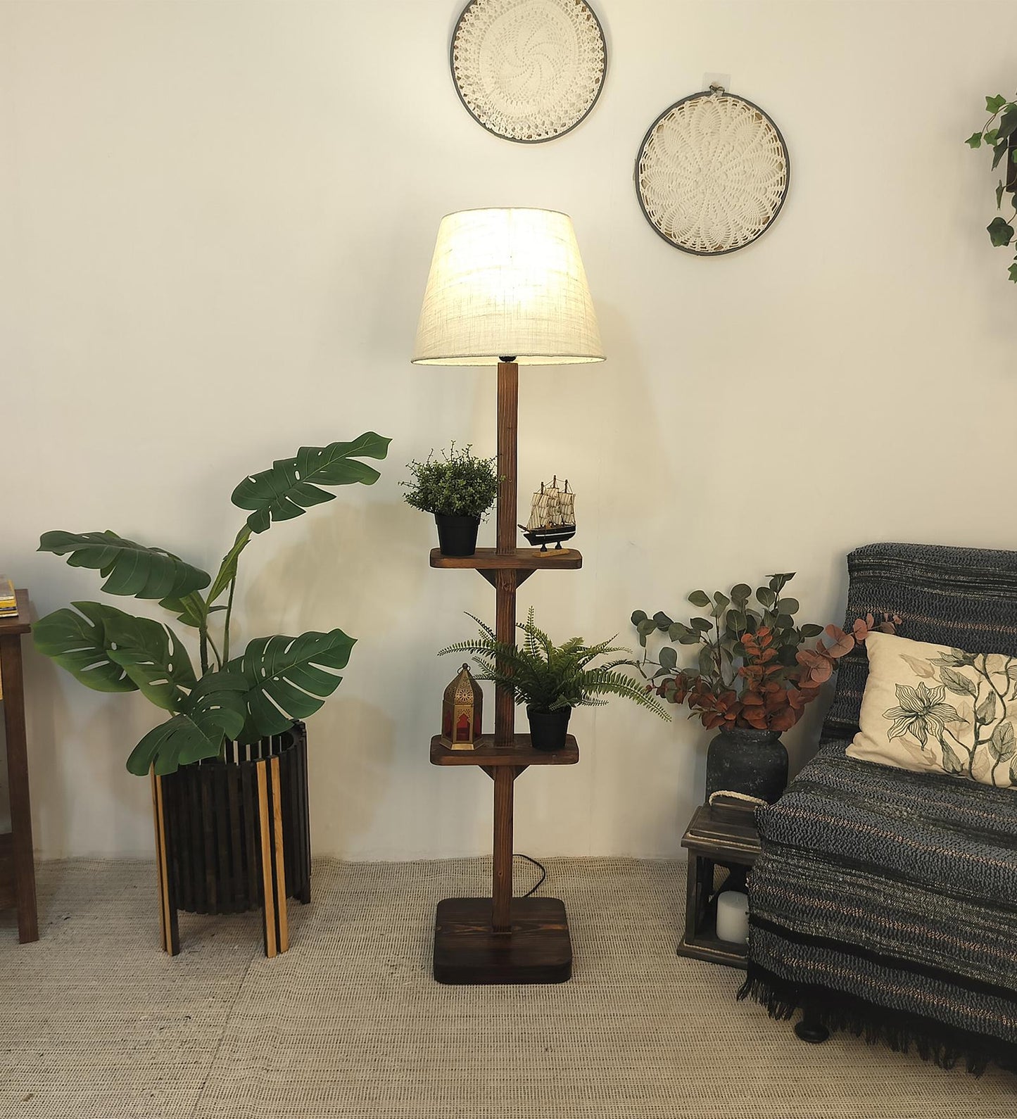 Gale Wooden Floor Lamp with Brown Base and Beige Fabric Lampshade