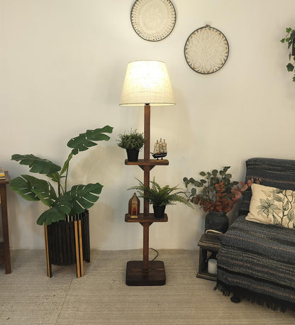 Gale Wooden Floor Lamp with Brown Base and Beige Fabric Lampshade