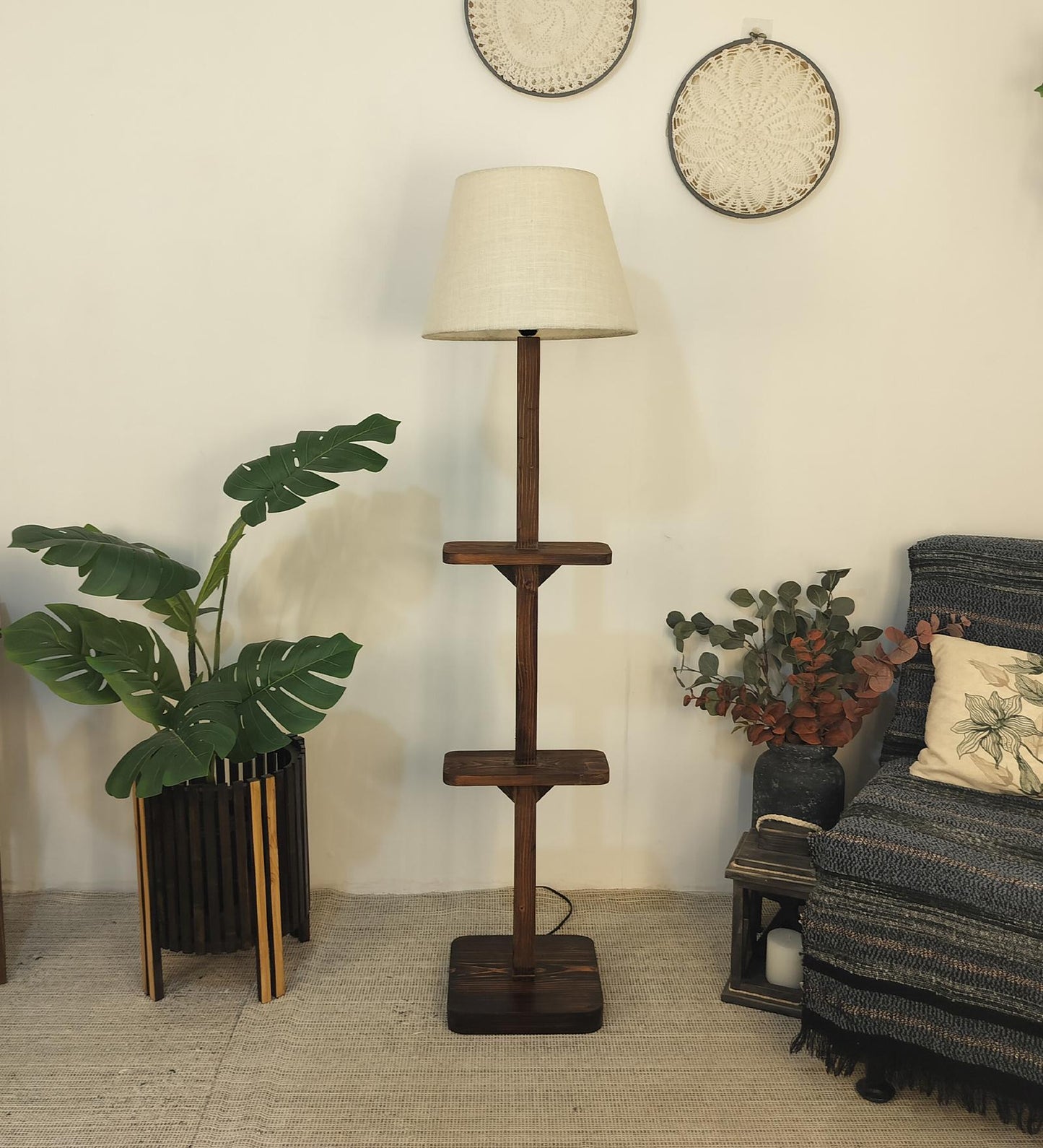 Gale Wooden Floor Lamp with Brown Base and Beige Fabric Lampshade