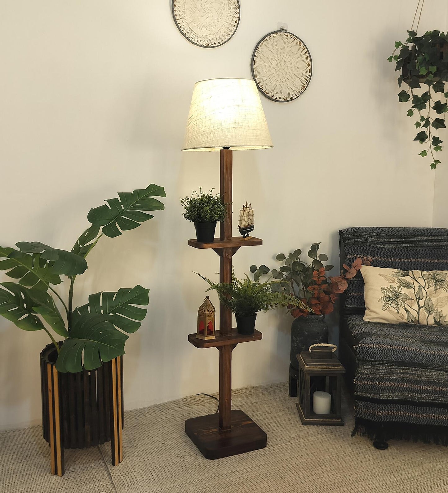 Gale Wooden Floor Lamp with Brown Base and Beige Fabric Lampshade