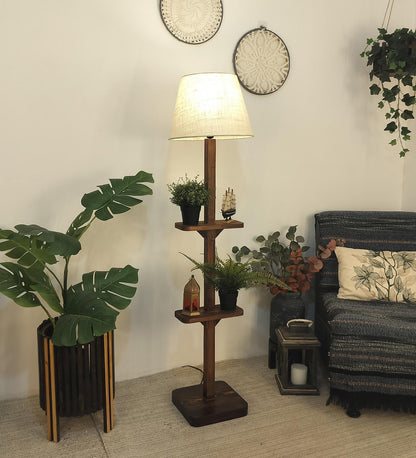 Gale Wooden Floor Lamp with Brown Base and Beige Fabric Lampshade