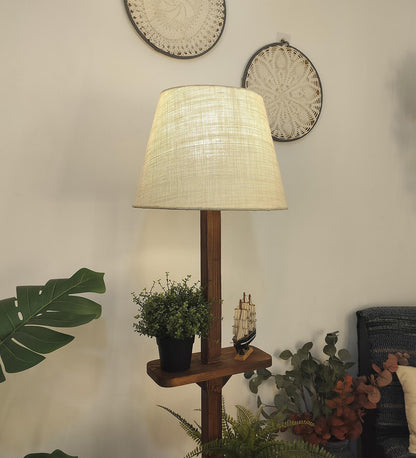 Gale Wooden Floor Lamp with Brown Base and Beige Fabric Lampshade