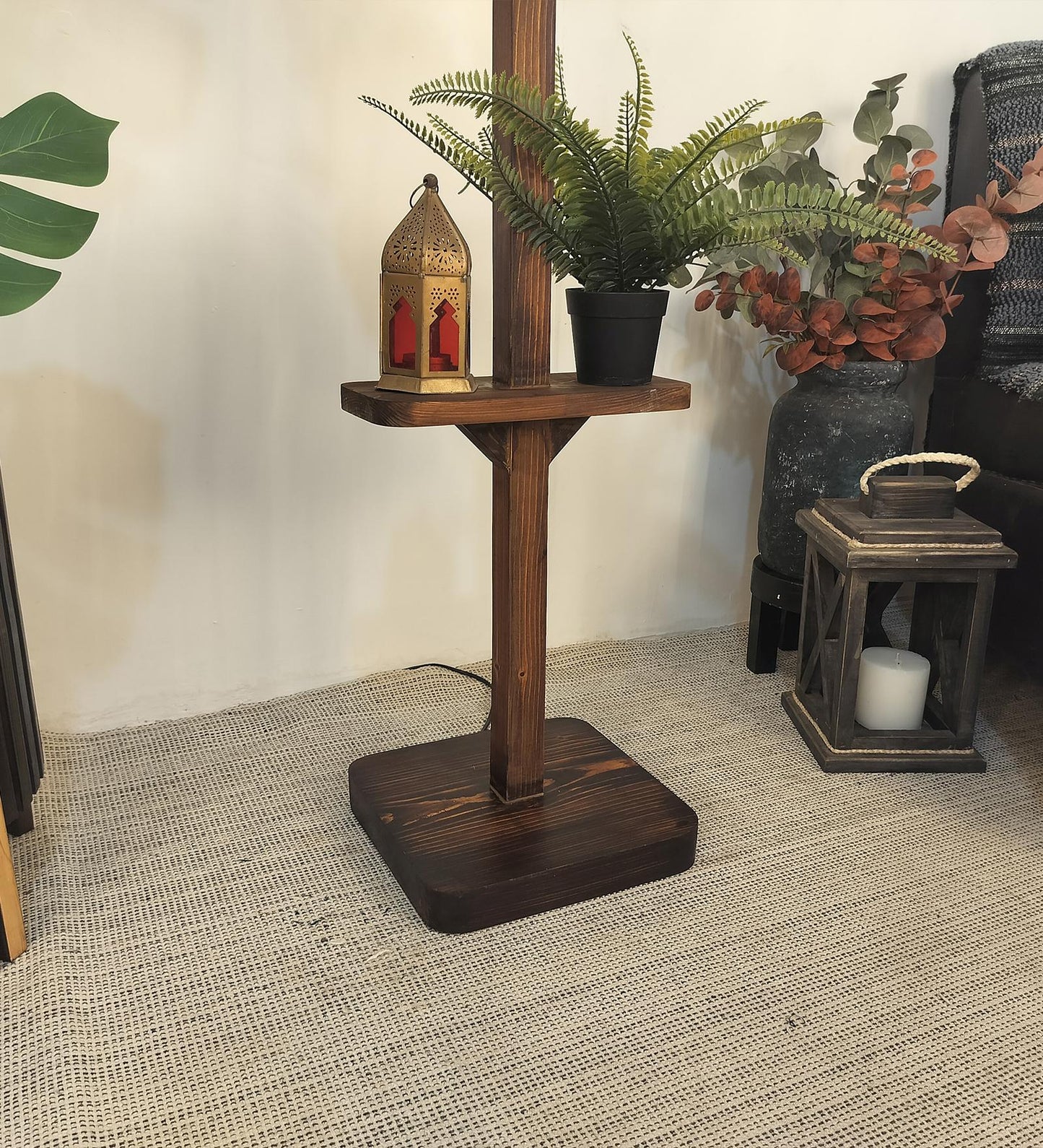 Gale Wooden Floor Lamp with Brown Base and Beige Fabric Lampshade