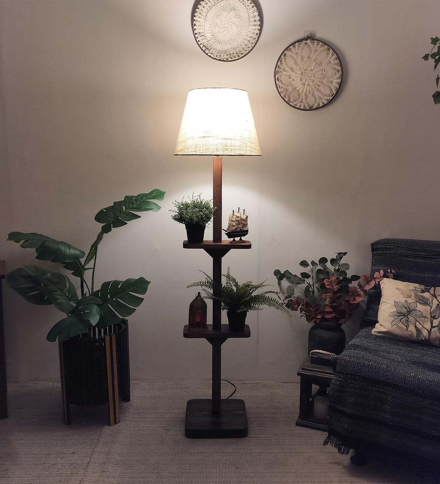 Gale Wooden Floor Lamp with Brown Base and Beige Fabric Lampshade