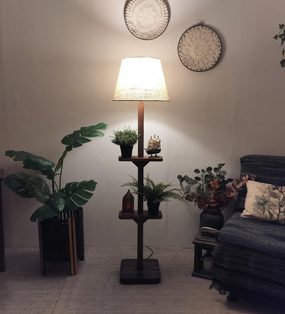 Gale Wooden Floor Lamp with Brown Base and Beige Fabric Lampshade
