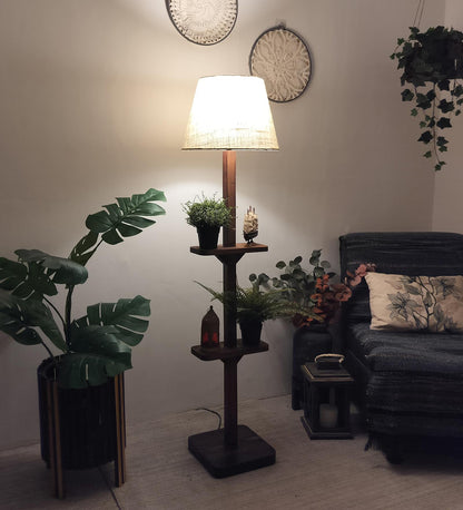 Gale Wooden Floor Lamp with Brown Base and Beige Fabric Lampshade