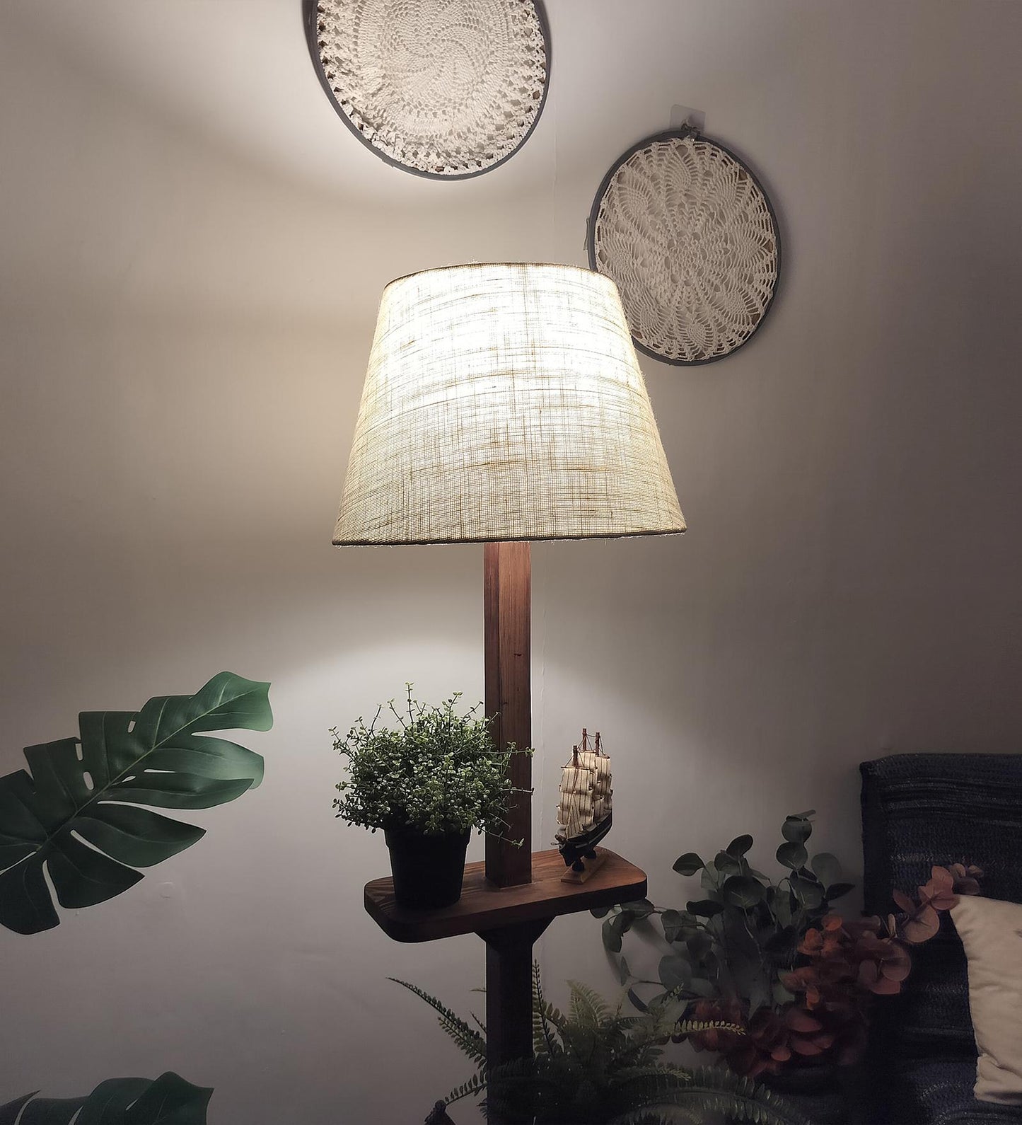 Gale Wooden Floor Lamp with Brown Base and Beige Fabric Lampshade