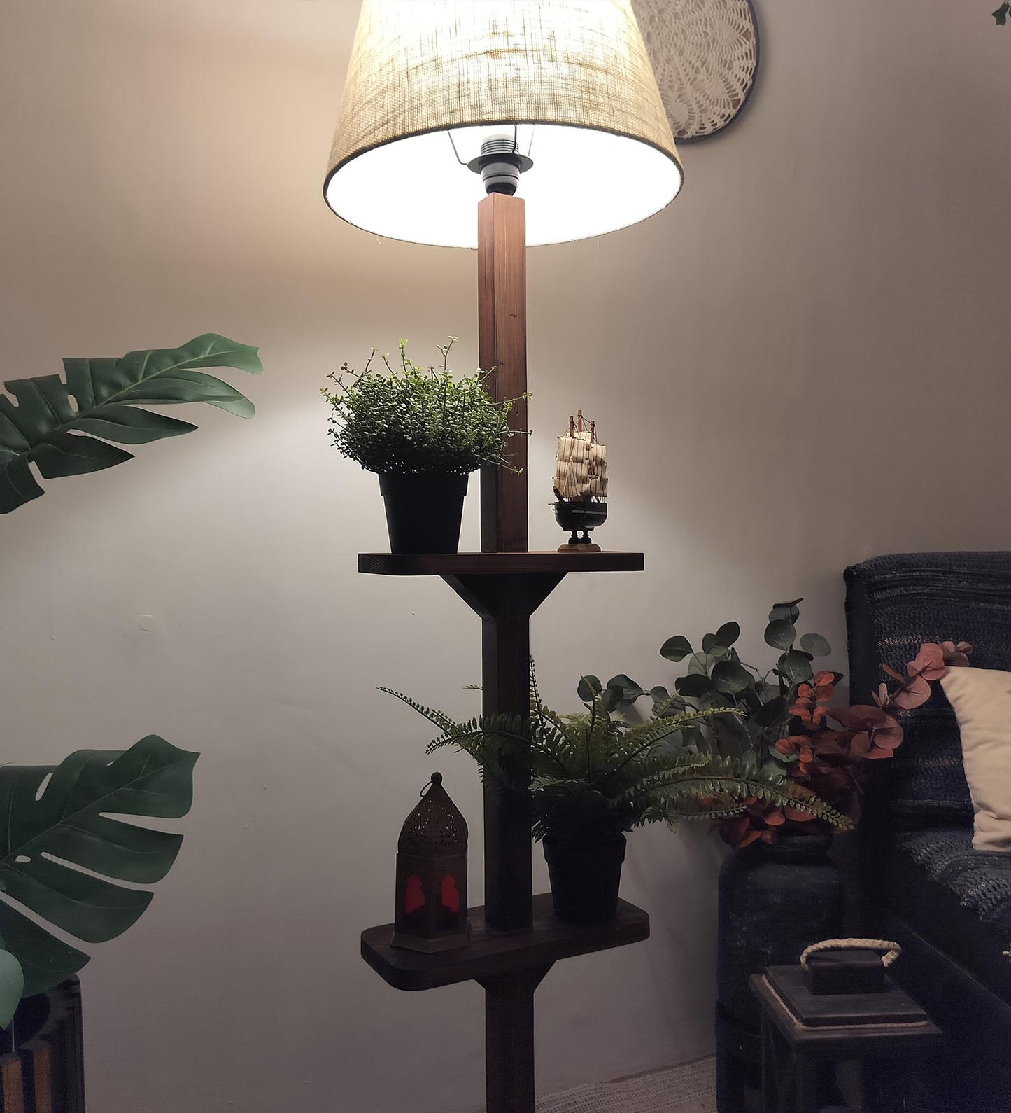 Gale Wooden Floor Lamp with Brown Base and Beige Fabric Lampshade
