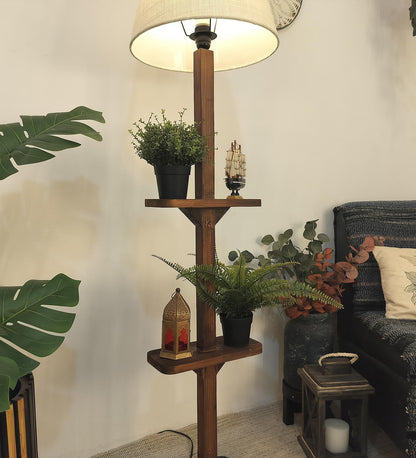 Gale Wooden Floor Lamp with Brown Base and Beige Fabric Lampshade