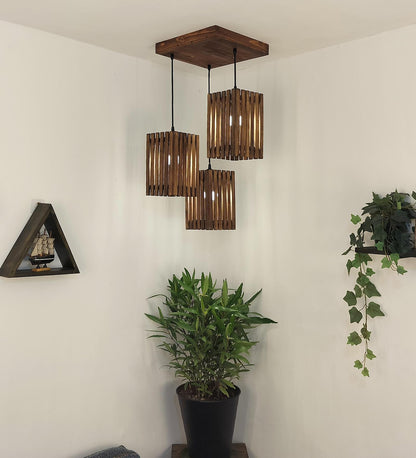 Violet Brown Wooden Cluster Hanging Lamp