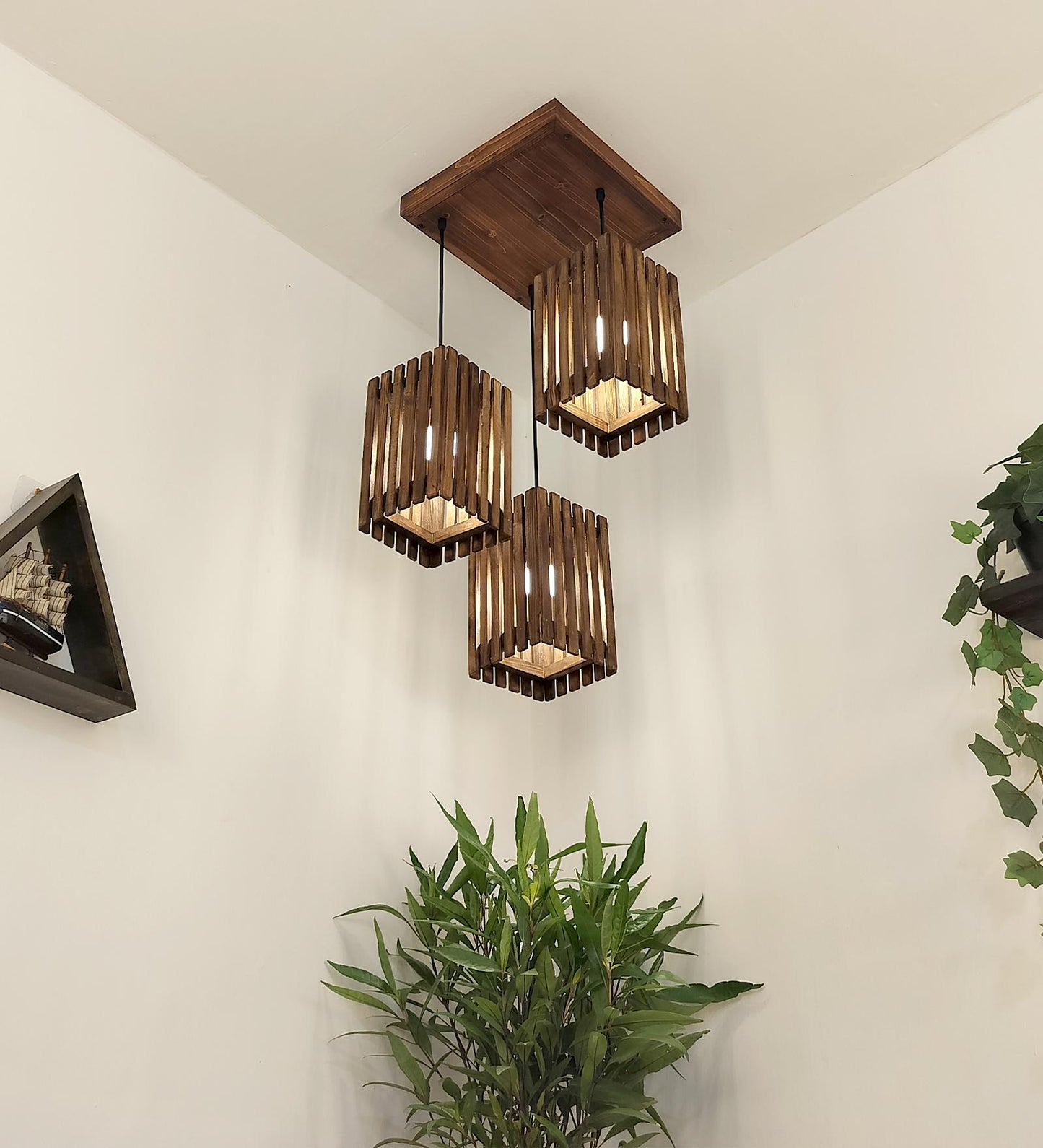Violet Brown Wooden Cluster Hanging Lamp