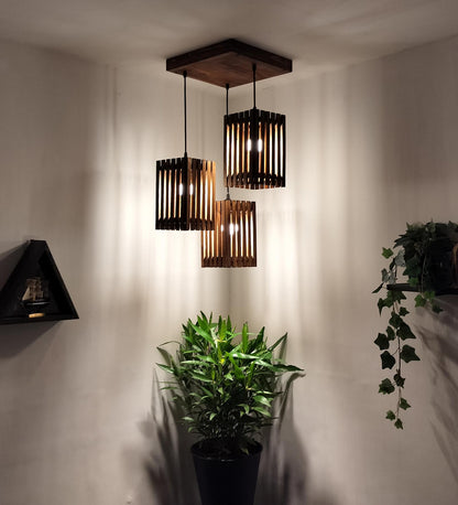 Violet Brown Wooden Cluster Hanging Lamp