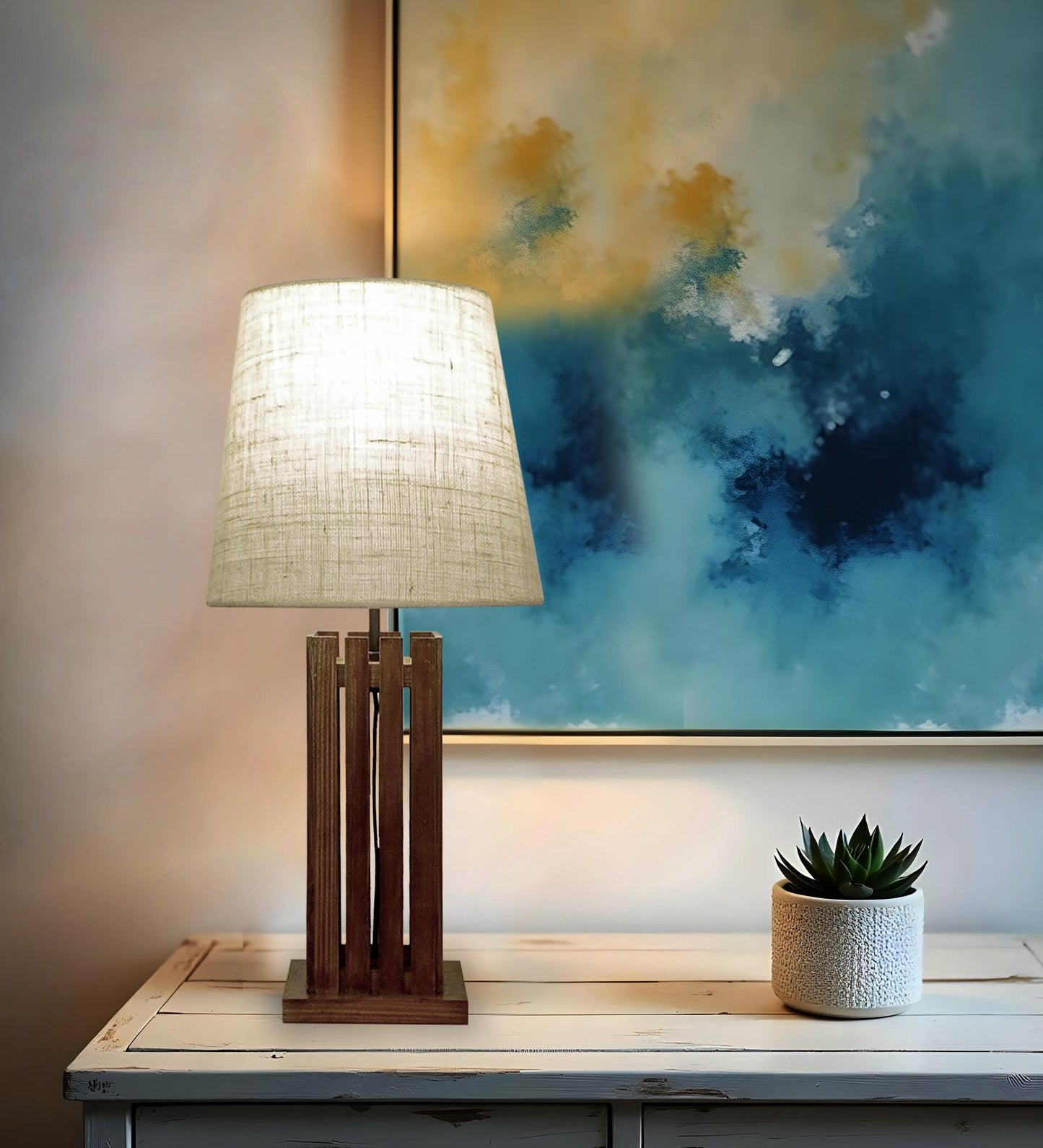 Violet Brown Wooden Table Lamp with with Jute Lampshade