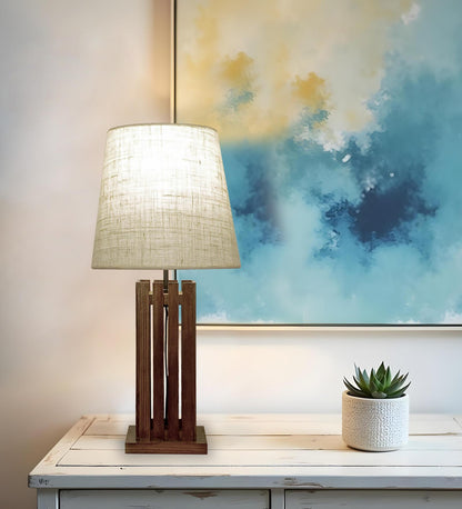 Violet Brown Wooden Table Lamp with with Jute Lampshade