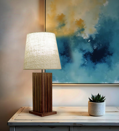Violet Brown Wooden Table Lamp with with Jute Lampshade