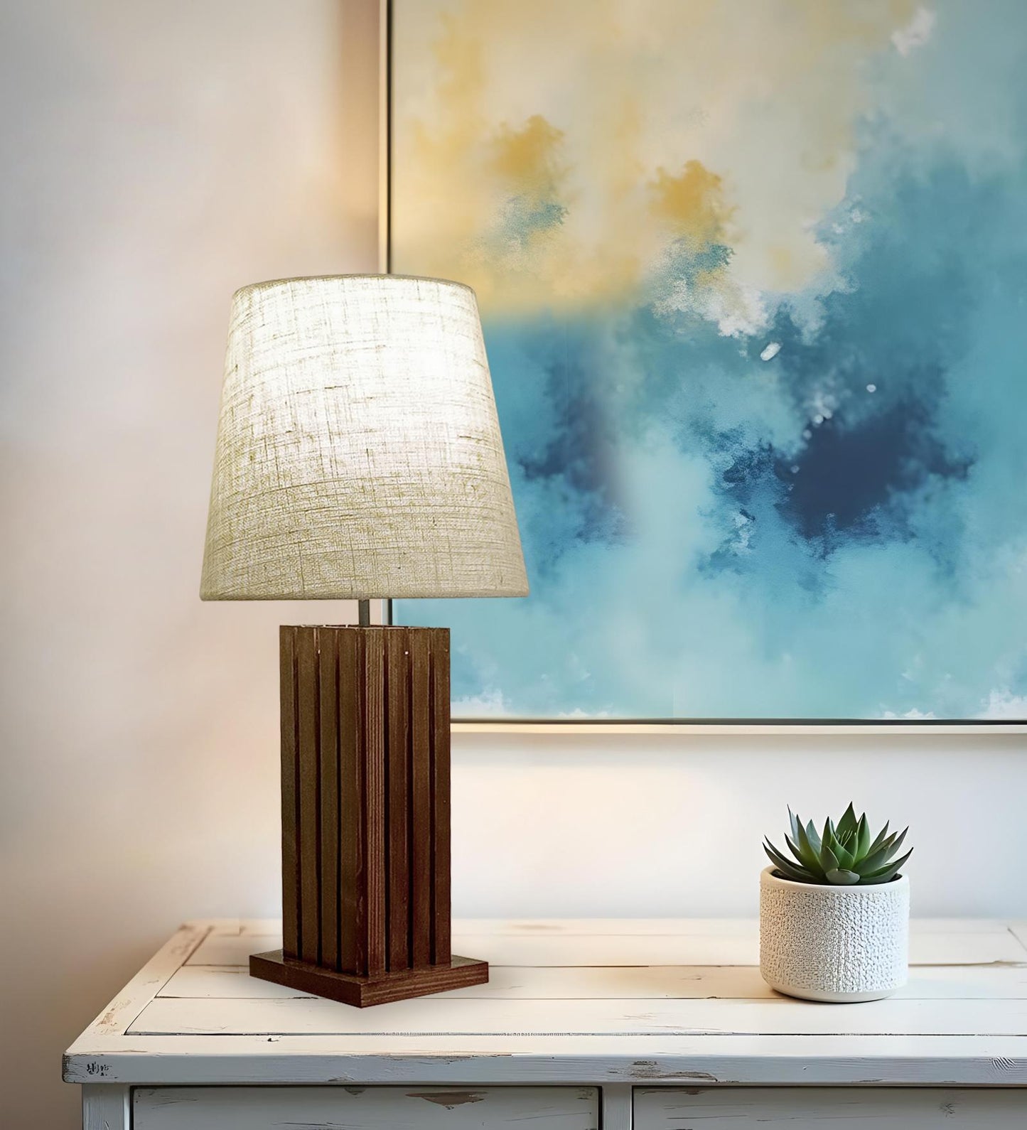 Violet Brown Wooden Table Lamp with with Jute Lampshade