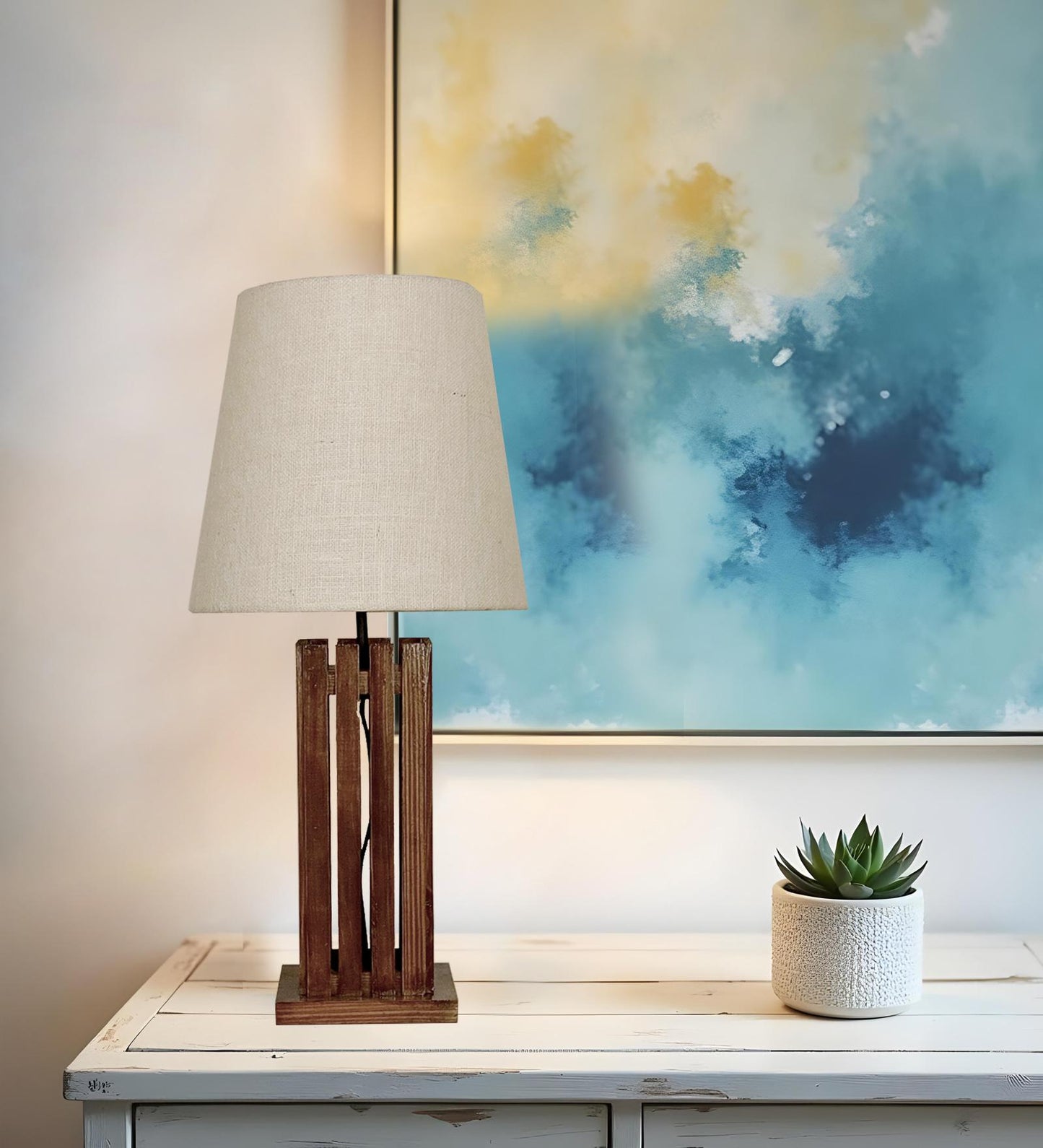 Violet Brown Wooden Table Lamp with with Jute Lampshade