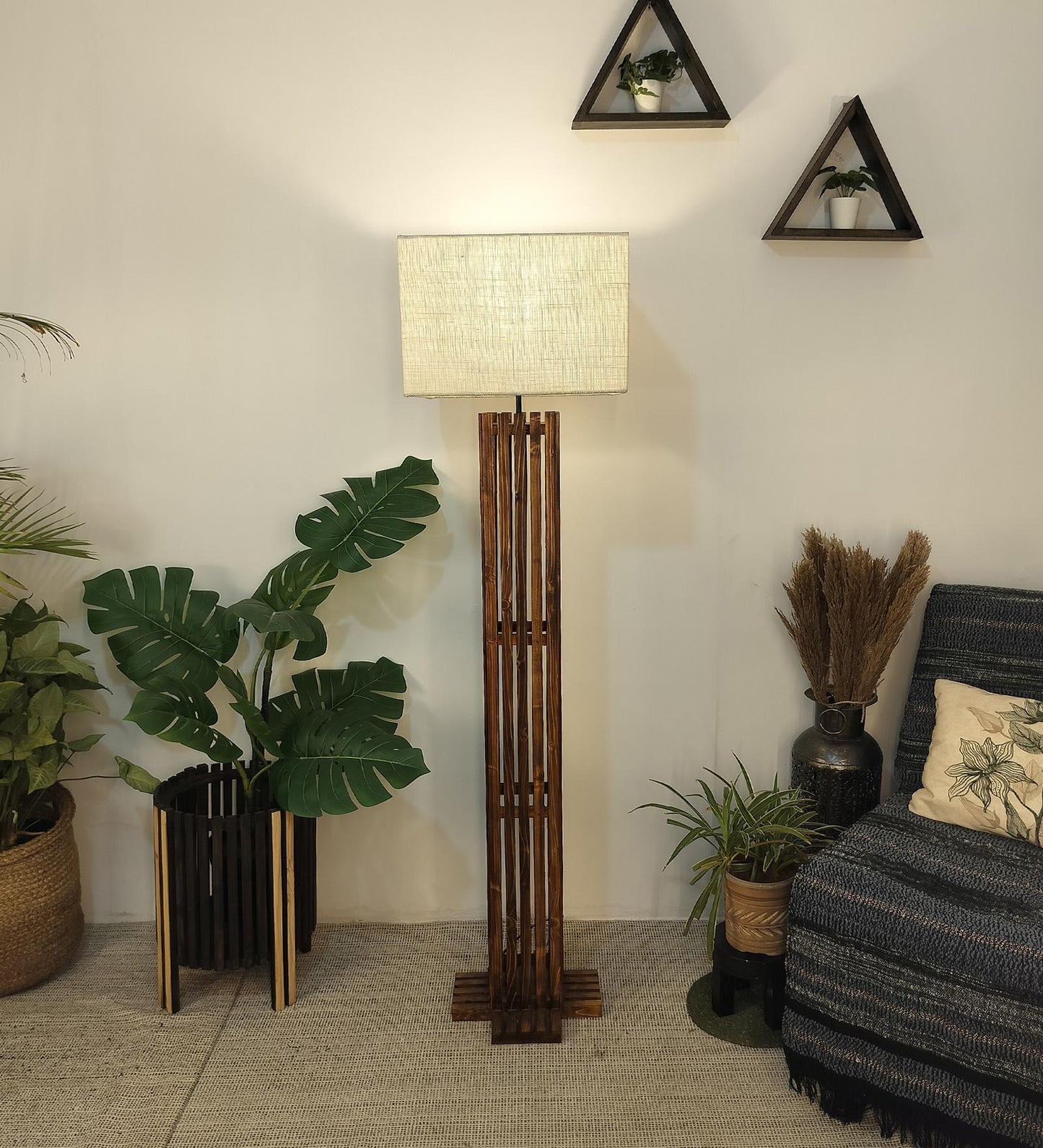 Violet Wooden Floor Lamp with Brown Base and Beige Fabric Lampshade