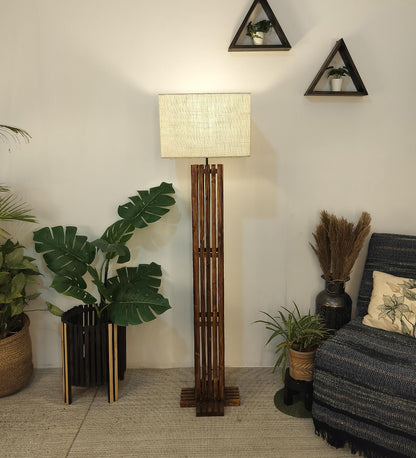 Violet Wooden Floor Lamp with Brown Base and Beige Fabric Lampshade
