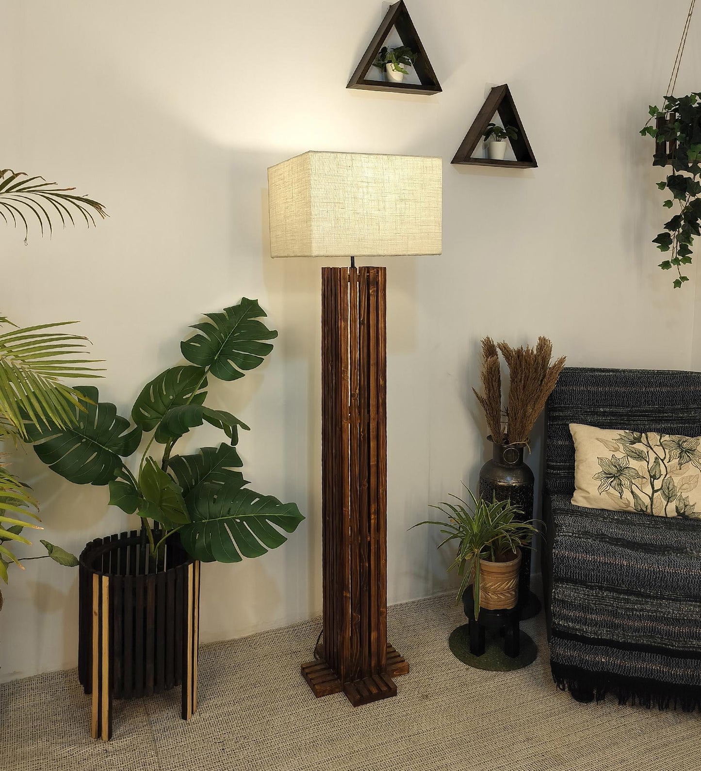 Violet Wooden Floor Lamp with Brown Base and Beige Fabric Lampshade