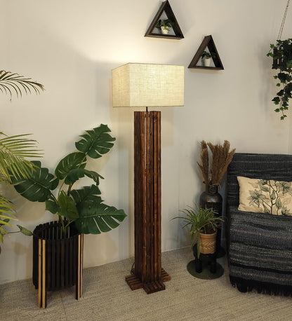 Violet Wooden Floor Lamp with Brown Base and Beige Fabric Lampshade