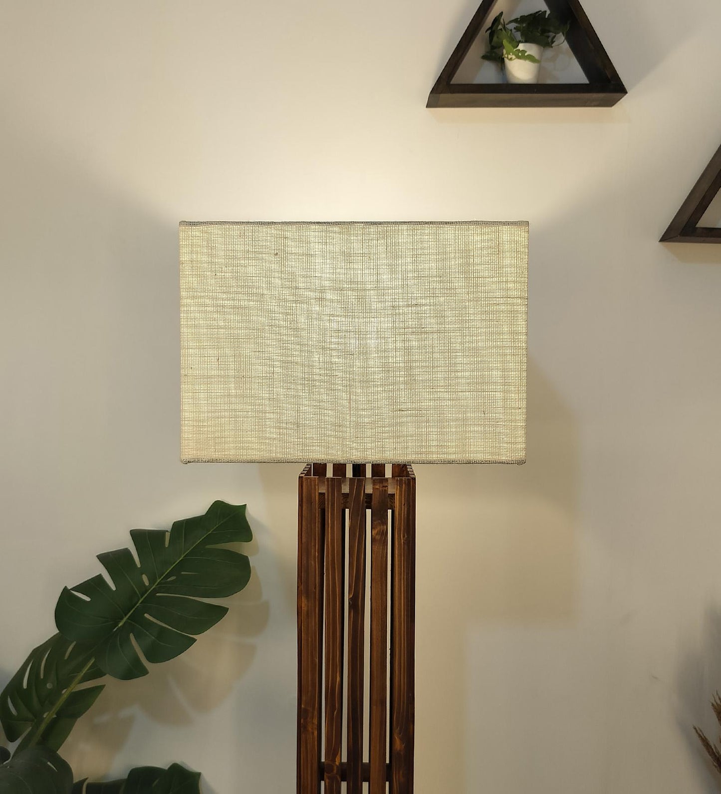 Violet Wooden Floor Lamp with Brown Base and Beige Fabric Lampshade