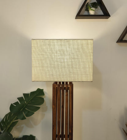 Violet Wooden Floor Lamp with Brown Base and Beige Fabric Lampshade