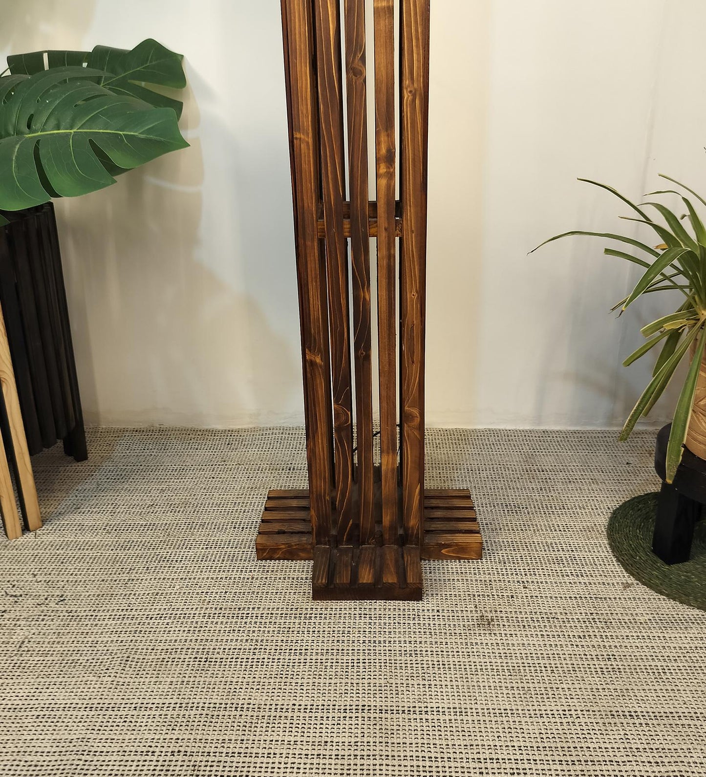 Violet Wooden Floor Lamp with Brown Base and Beige Fabric Lampshade
