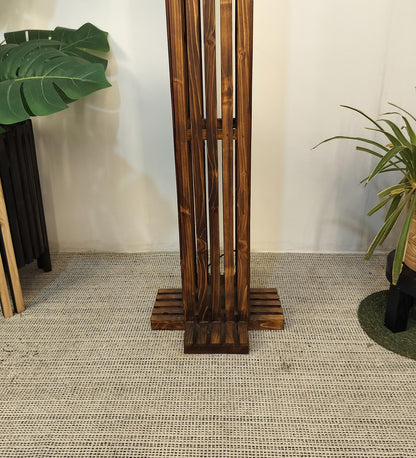 Violet Wooden Floor Lamp with Brown Base and Beige Fabric Lampshade