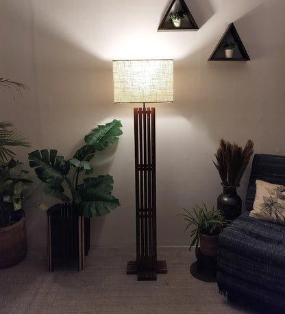 Violet Wooden Floor Lamp with Brown Base and Beige Fabric Lampshade