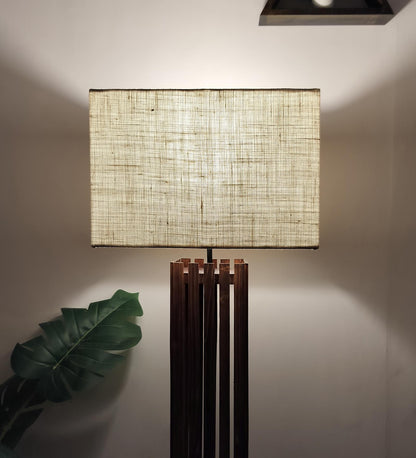 Violet Wooden Floor Lamp with Brown Base and Beige Fabric Lampshade