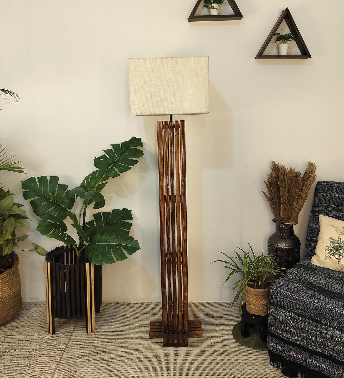 Violet Wooden Floor Lamp with Brown Base and Beige Fabric Lampshade