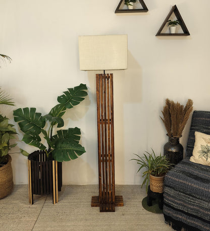Violet Wooden Floor Lamp with Brown Base and Beige Fabric Lampshade