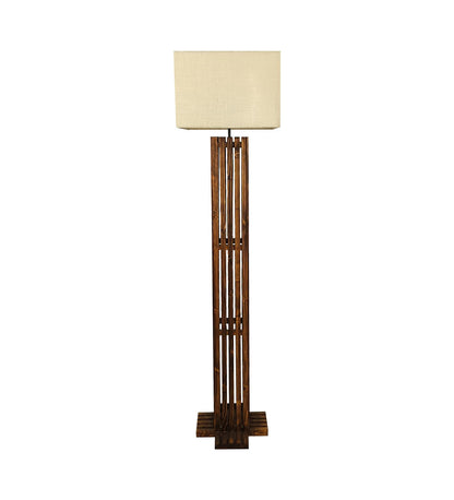 Violet Wooden Floor Lamp with Brown Base and Beige Fabric Lampshade