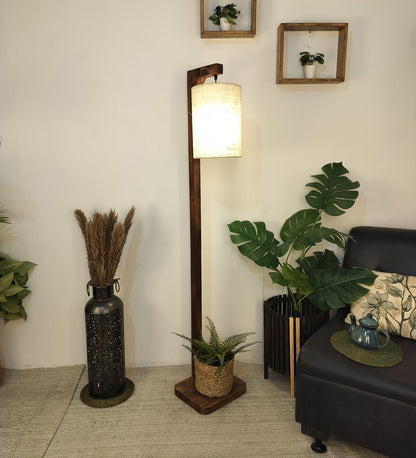 Fire Wooden Floor Lamp with Brown Base and White Fabric Lampshade