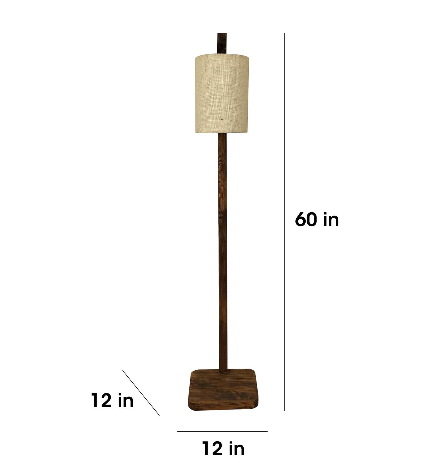 Fire Wooden Floor Lamp with Brown Base and White Fabric Lampshade