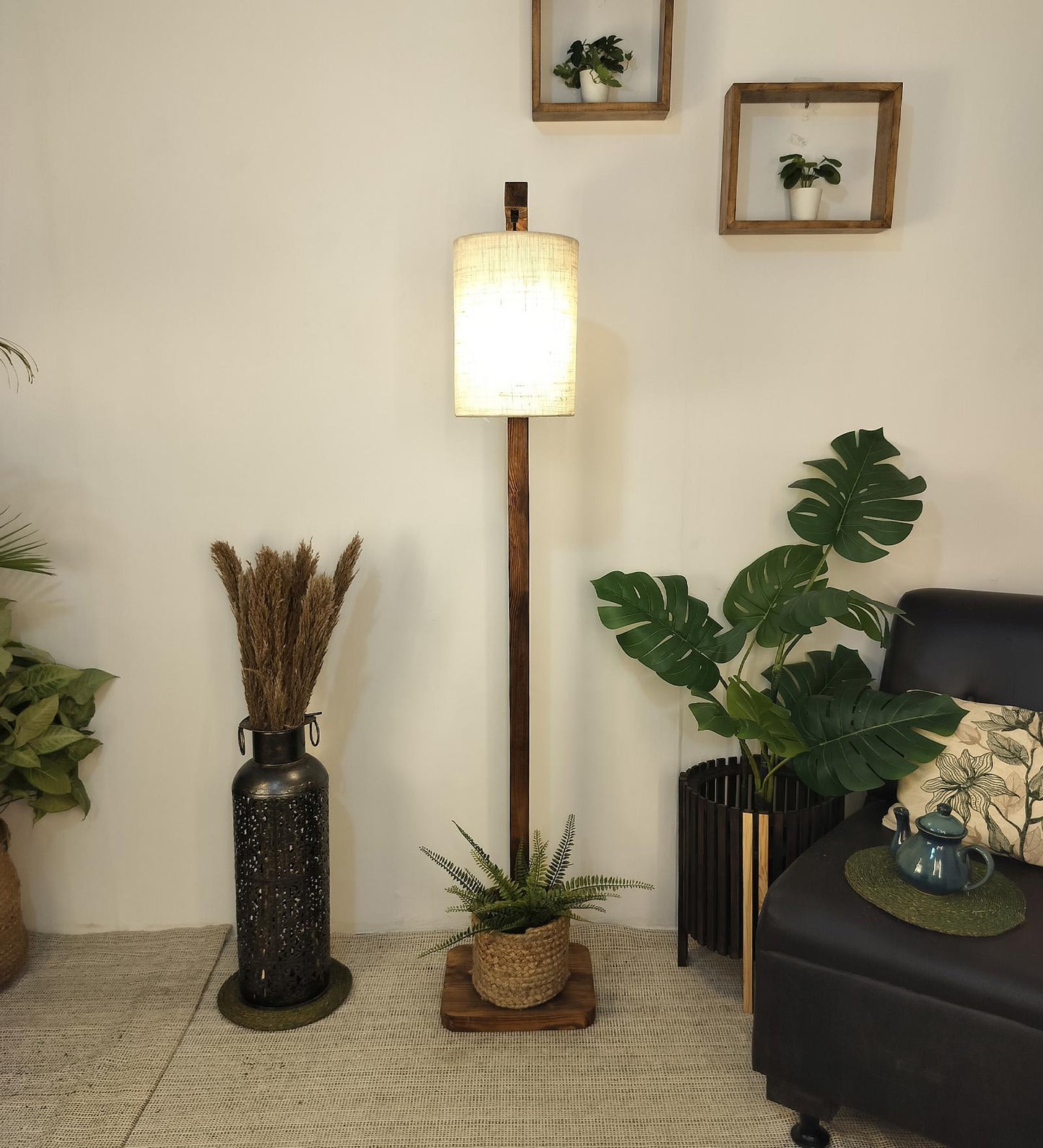 Fire Wooden Floor Lamp with Brown Base and White Fabric Lampshade