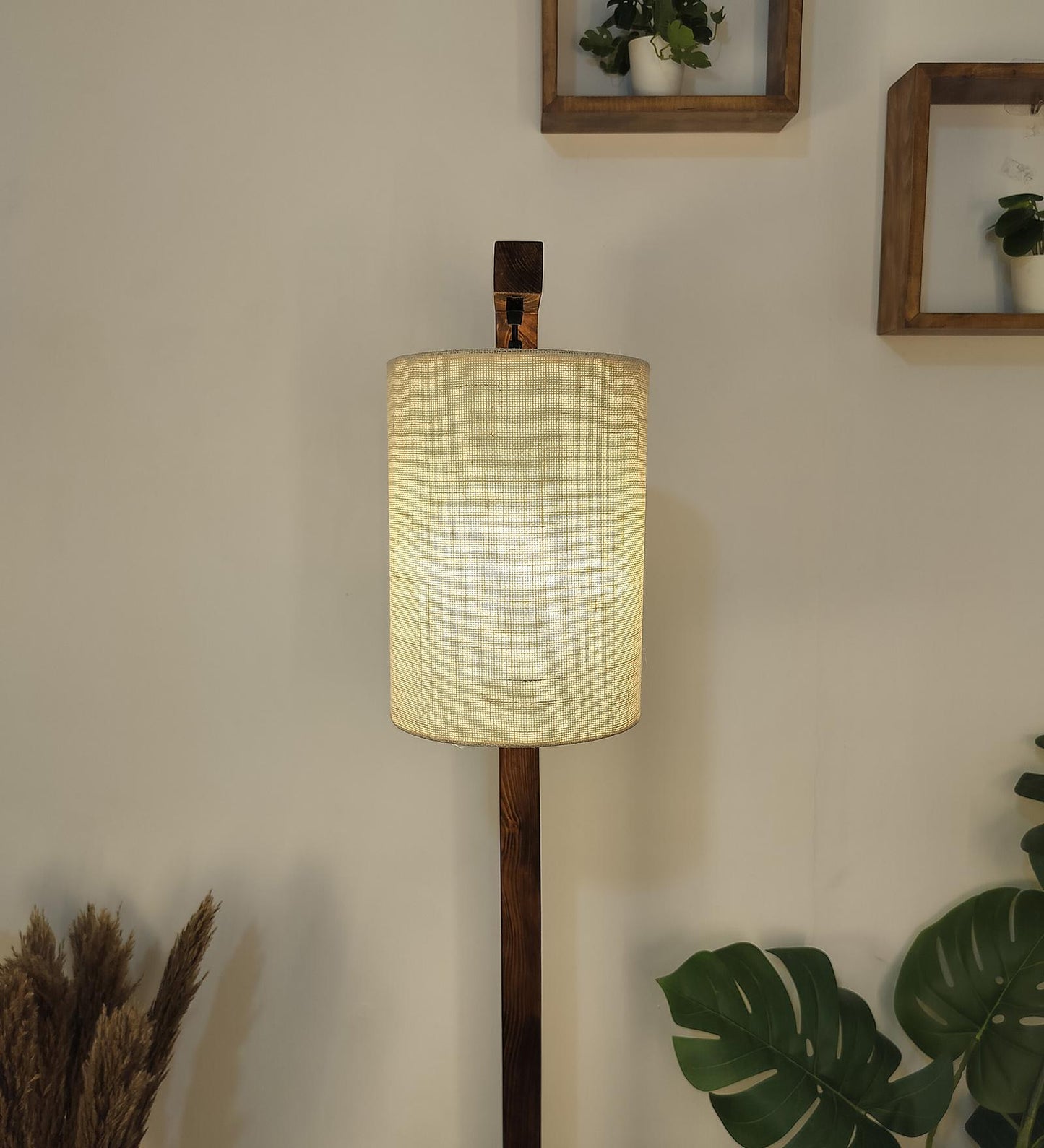 Fire Wooden Floor Lamp with Brown Base and White Fabric Lampshade