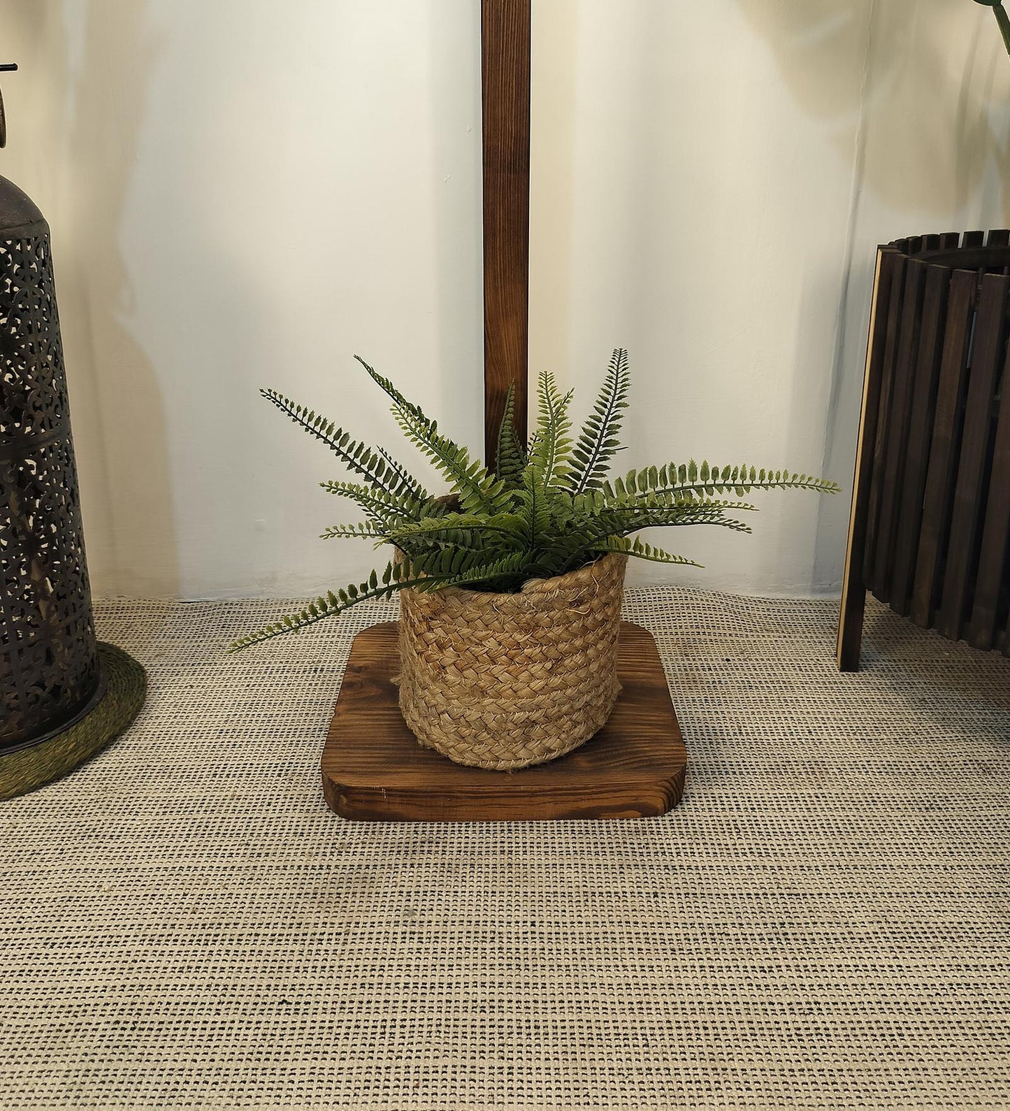 Fire Wooden Floor Lamp with Brown Base and White Fabric Lampshade
