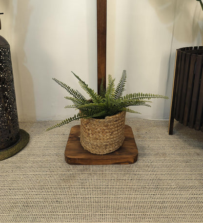 Fire Wooden Floor Lamp with Brown Base and White Fabric Lampshade