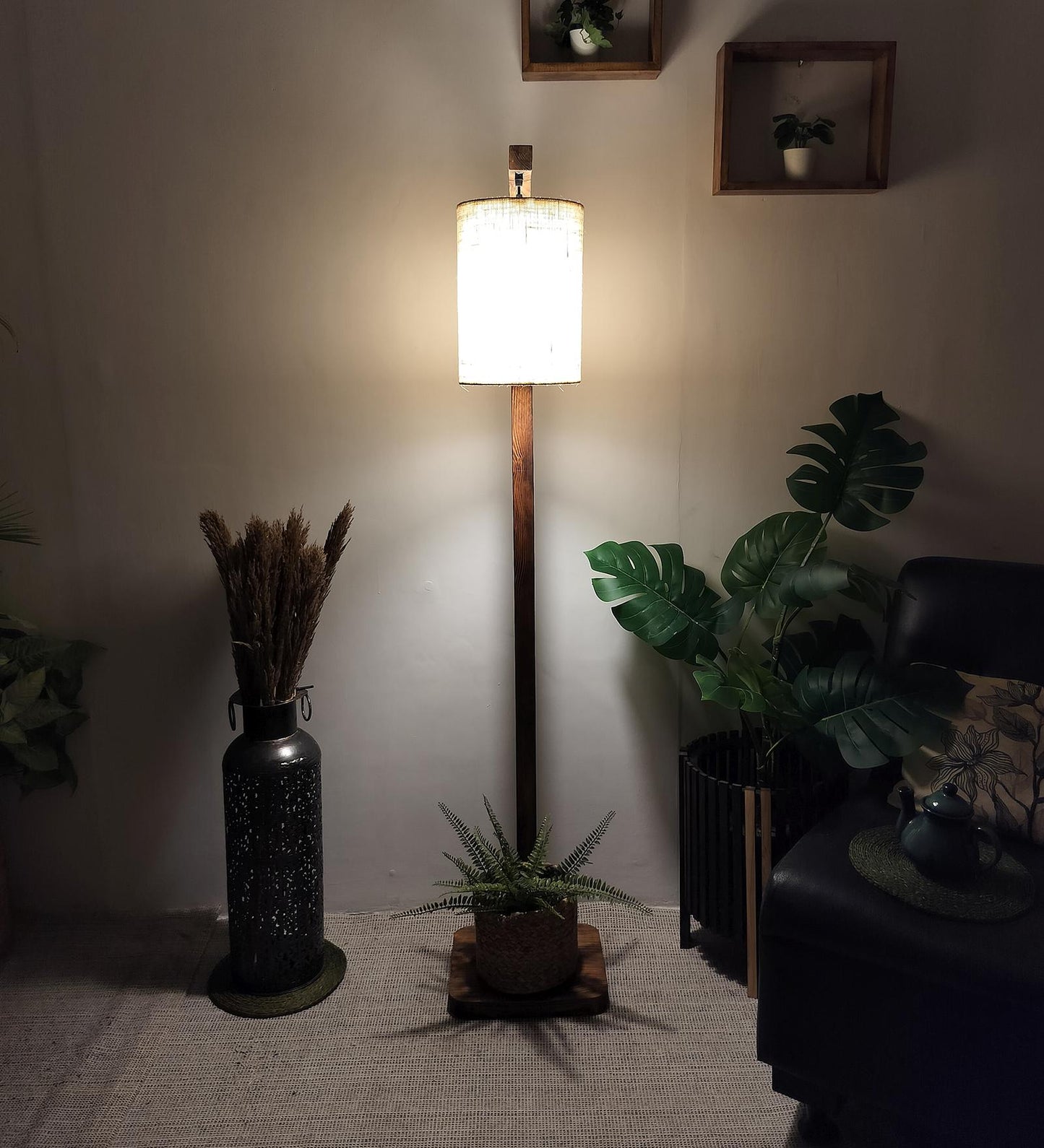 Fire Wooden Floor Lamp with Brown Base and White Fabric Lampshade