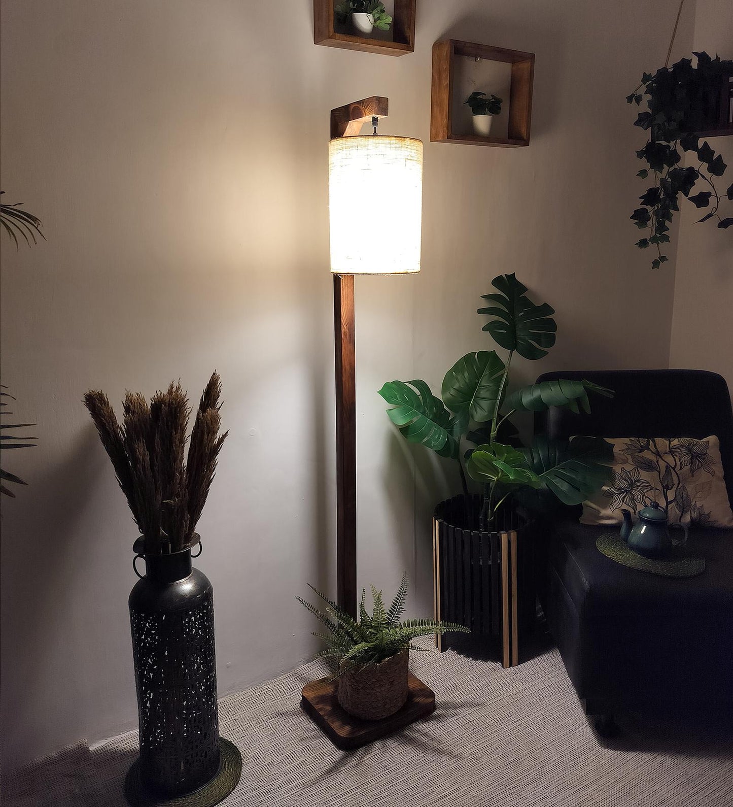 Fire Wooden Floor Lamp with Brown Base and White Fabric Lampshade