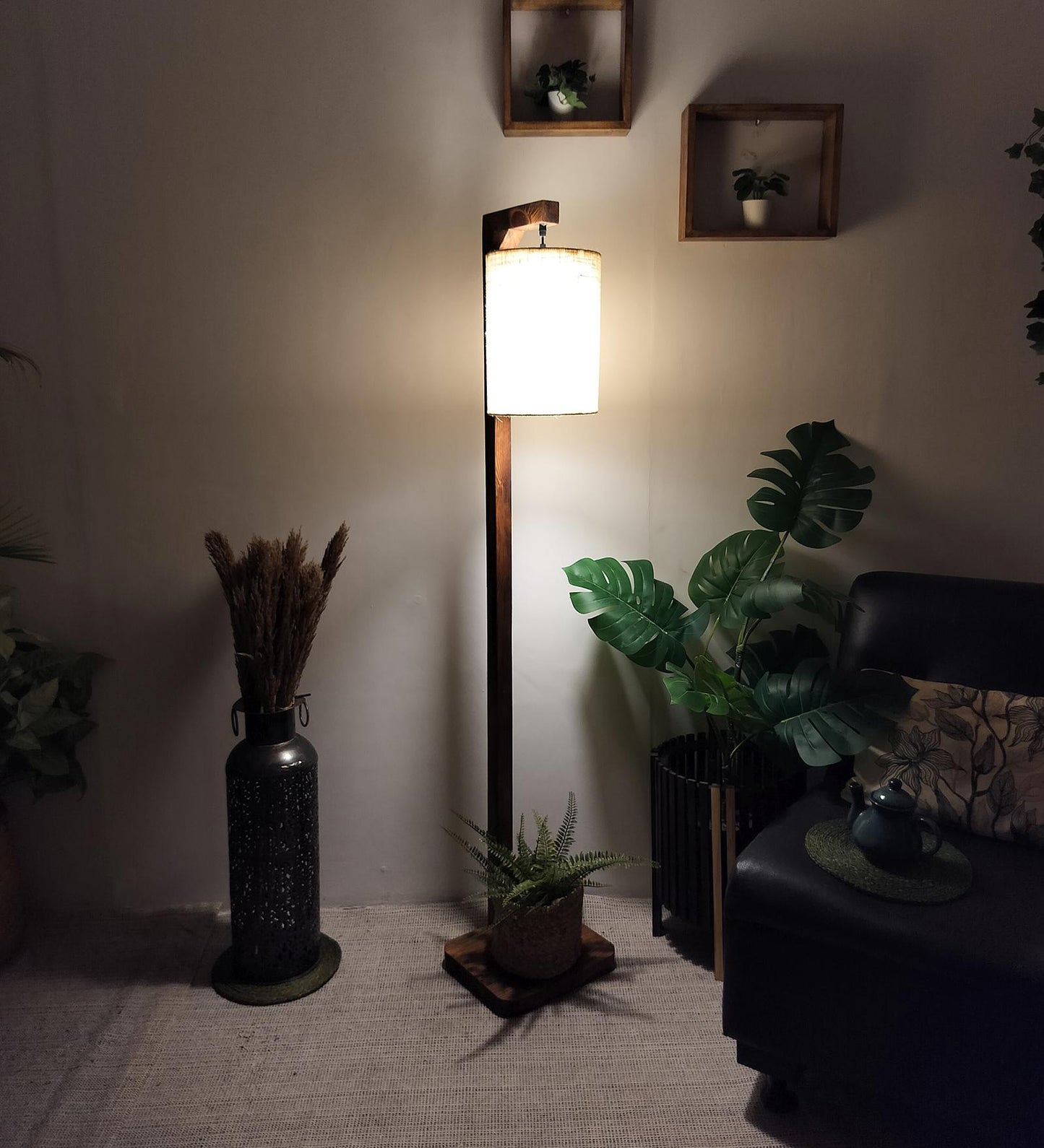 Fire Wooden Floor Lamp with Brown Base and White Fabric Lampshade
